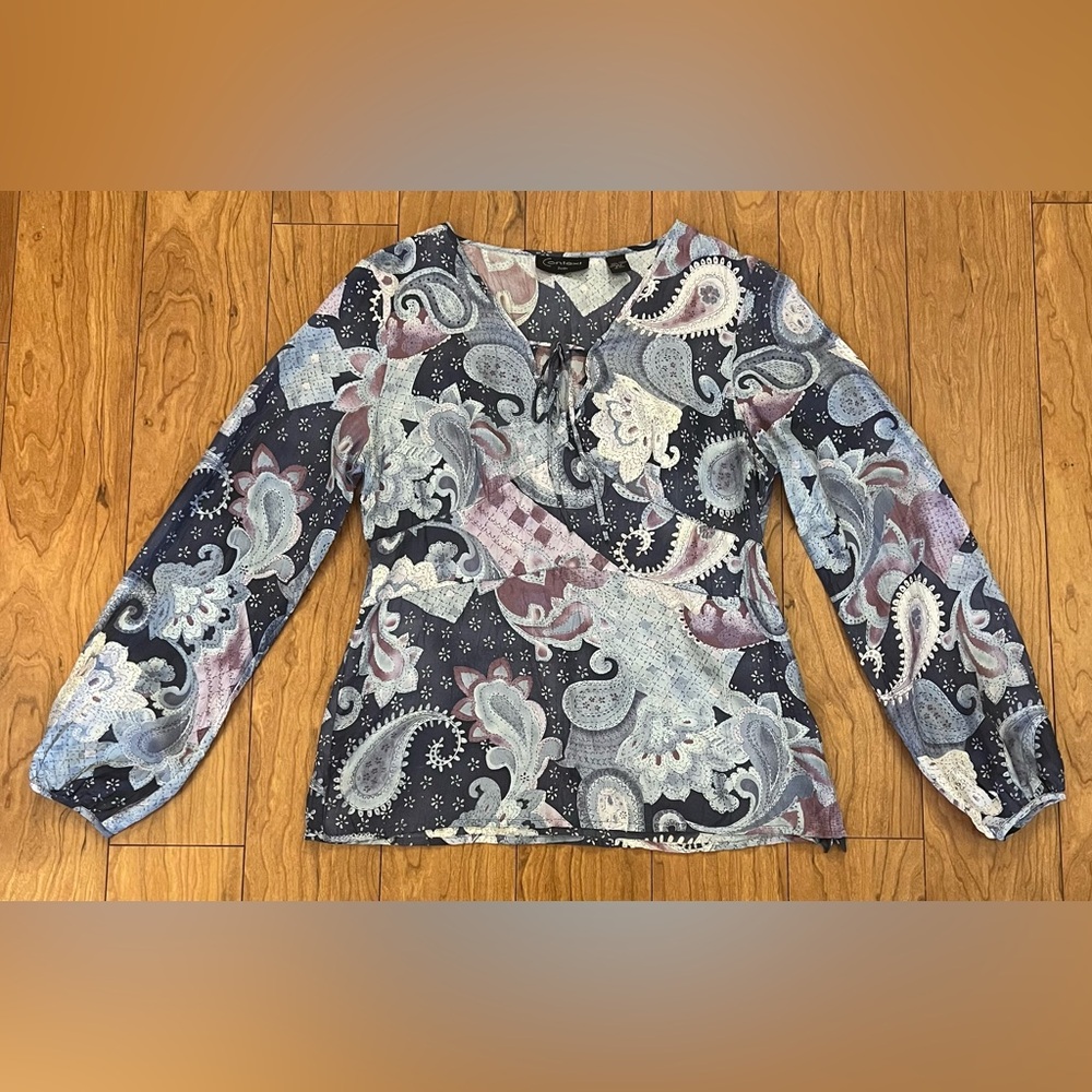 Context Medium Petite 100% Floral Silk Top Blouse Long Sleeve Blue Y2K Paisley